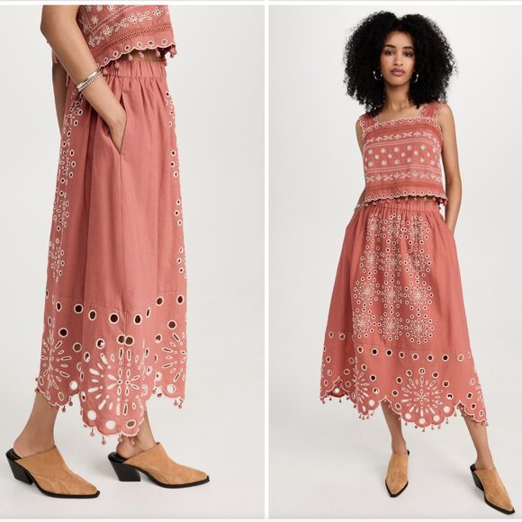 Sea New York Addie Eyelet Coral A-Line Midi Skirt with Smocked Embellishments XS - Picture 1 of 13
